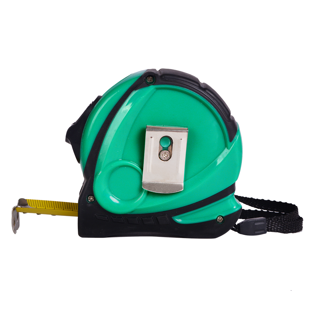 Cinta métrica Espacio 10mx25mm negra y verde de Fabrilamp con clip, asa y enganche magnético.