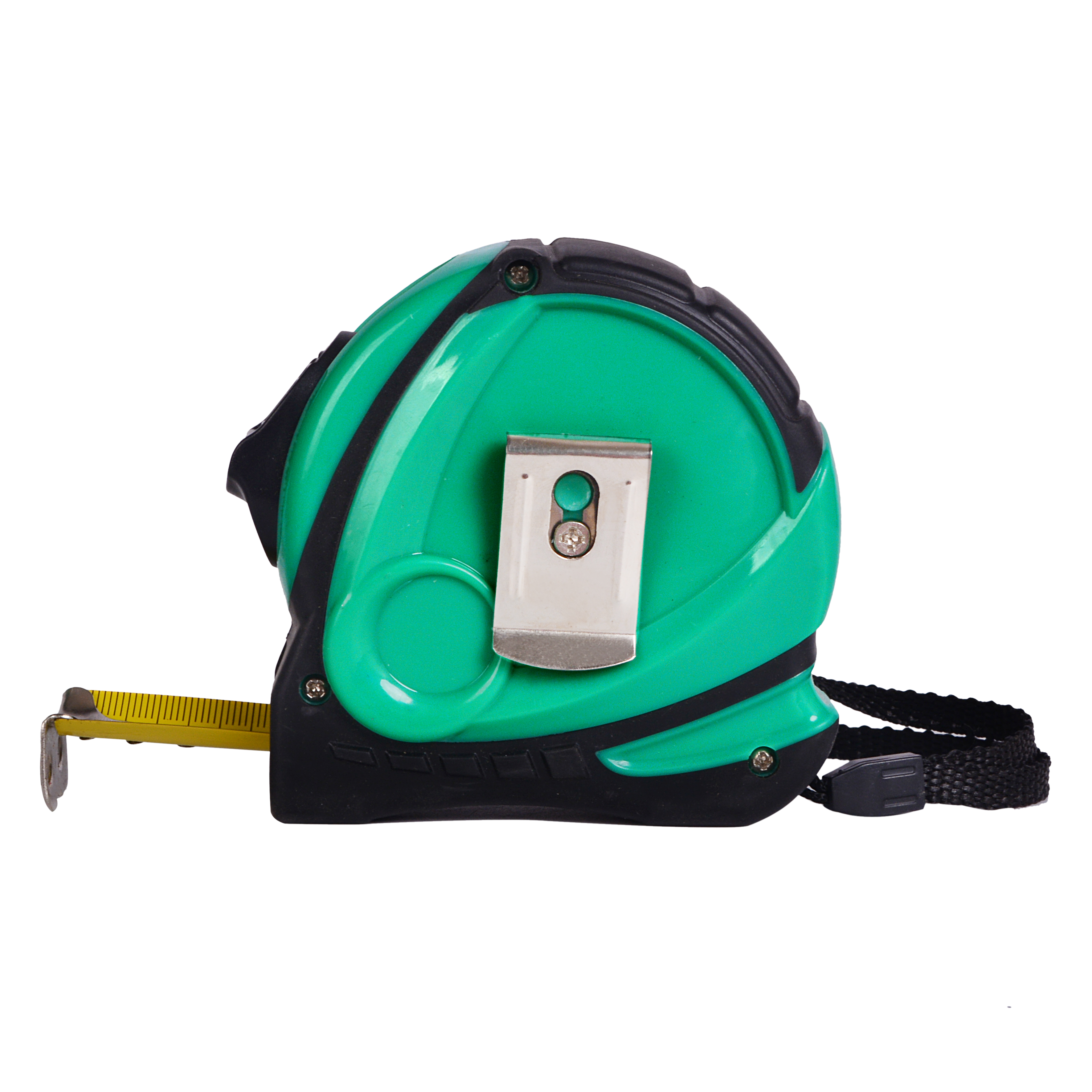 Cinta métrica Espacio 10mx25mm negra y verde de Fabrilamp con clip, asa y enganche magnético.