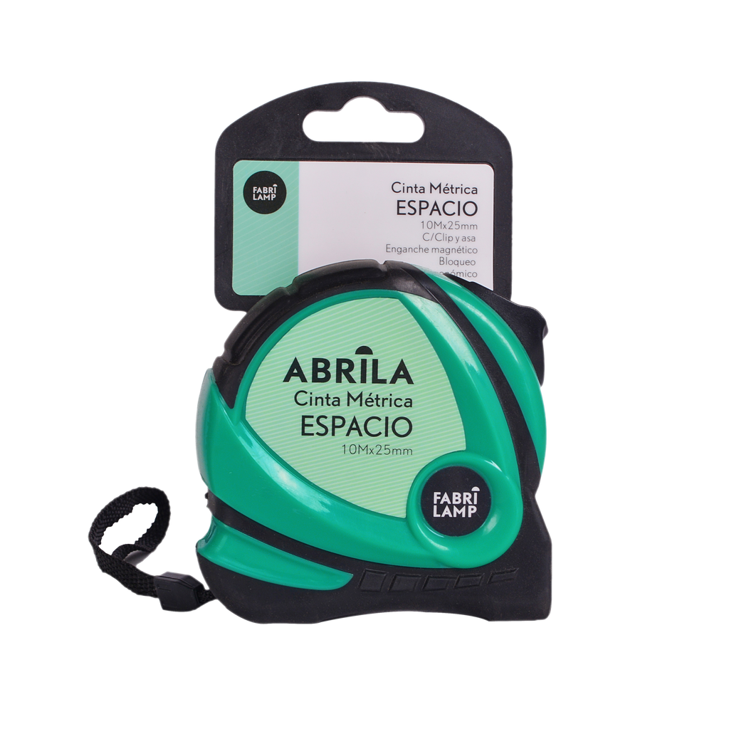 Cinta métrica Espacio 10mx25mm negra y verde de Fabrilamp con clip, asa y enganche magnético.