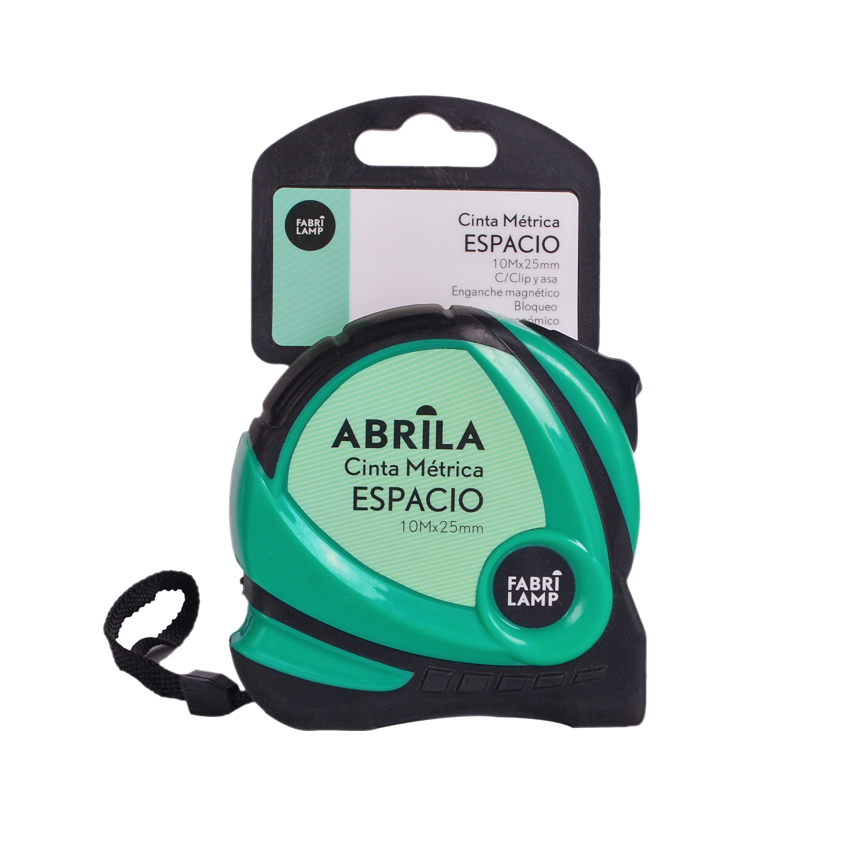 Cinta métrica Espacio 10mx25mm negra y verde de Fabrilamp con clip, asa y enganche magnético.
