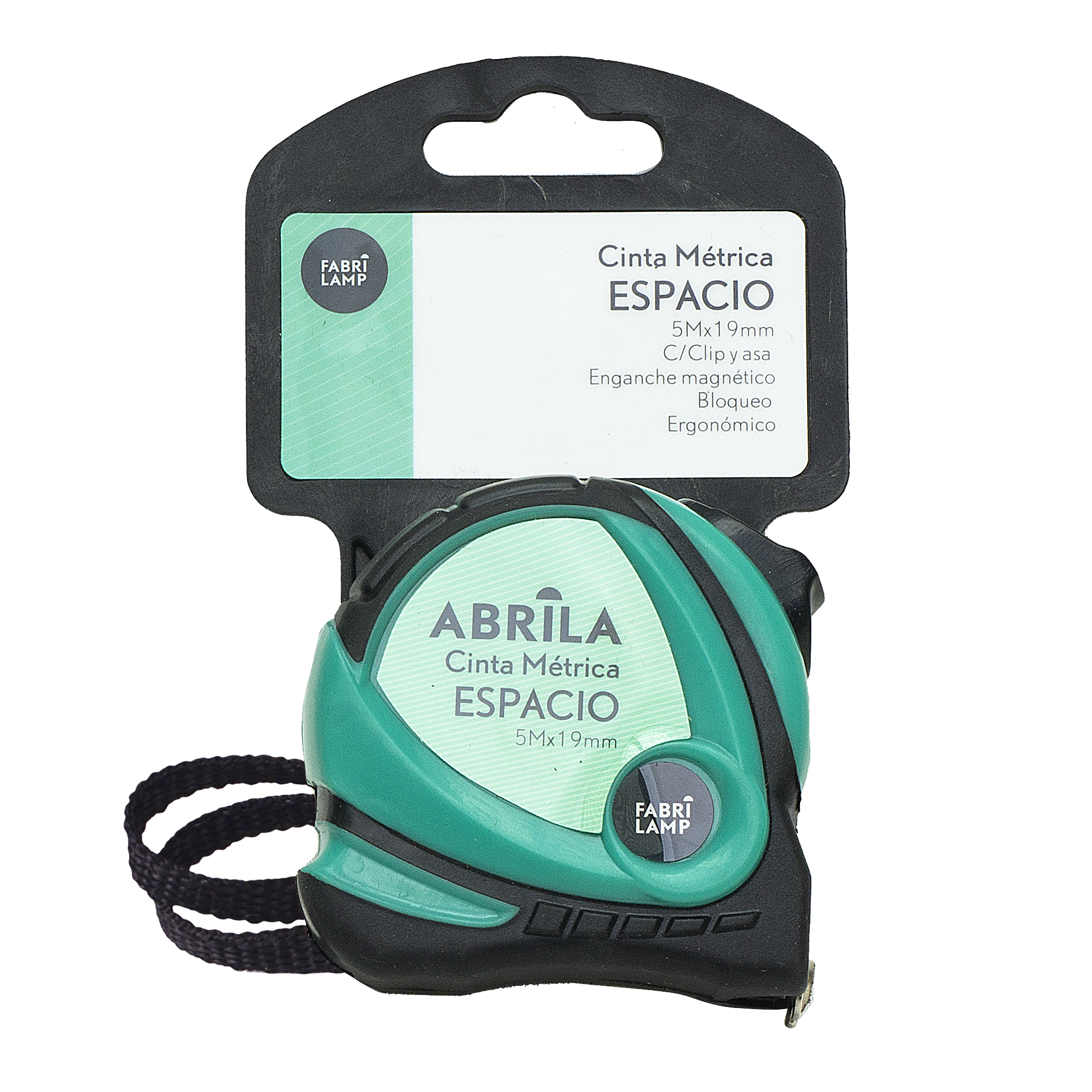 Cinta métrica Espacio 5mx19mm Negro/Verde de Fabrilamp, vista frontal.