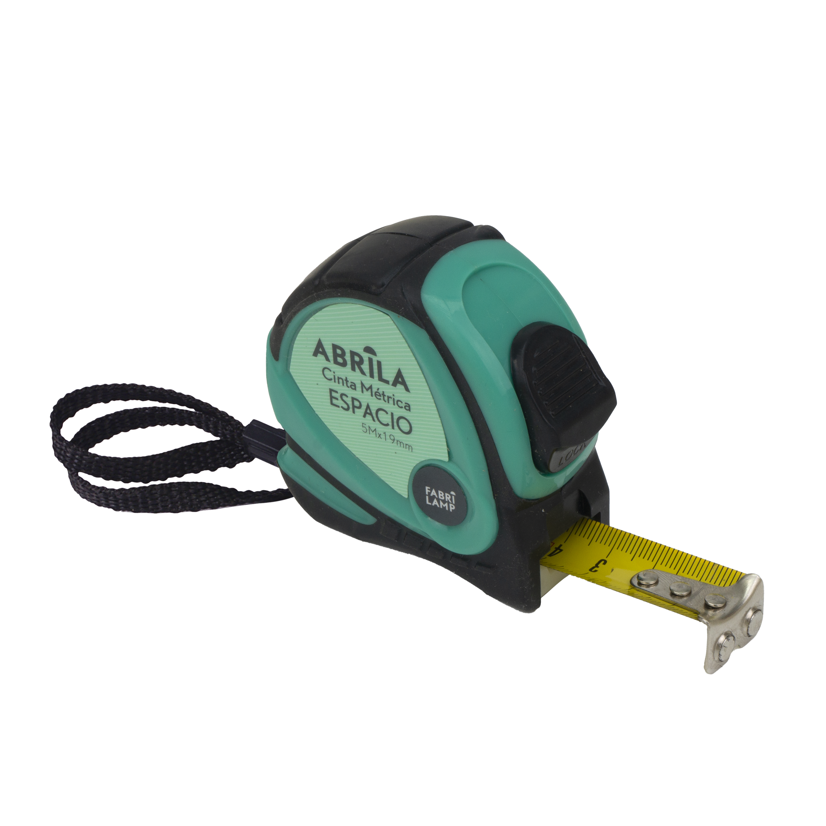 Cinta métrica Espacio 5mx19mm Negro/Verde de Fabrilamp, vista frontal.