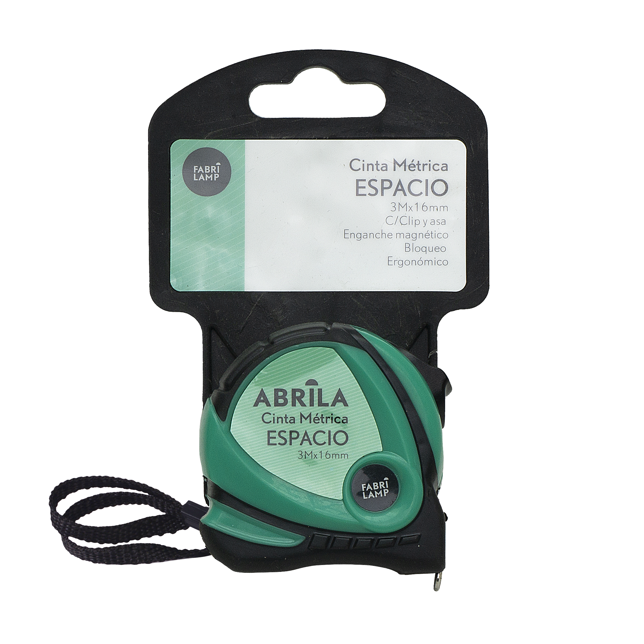 Cinta métrica Espacio 3mx16mm negra y verde, vista frontal