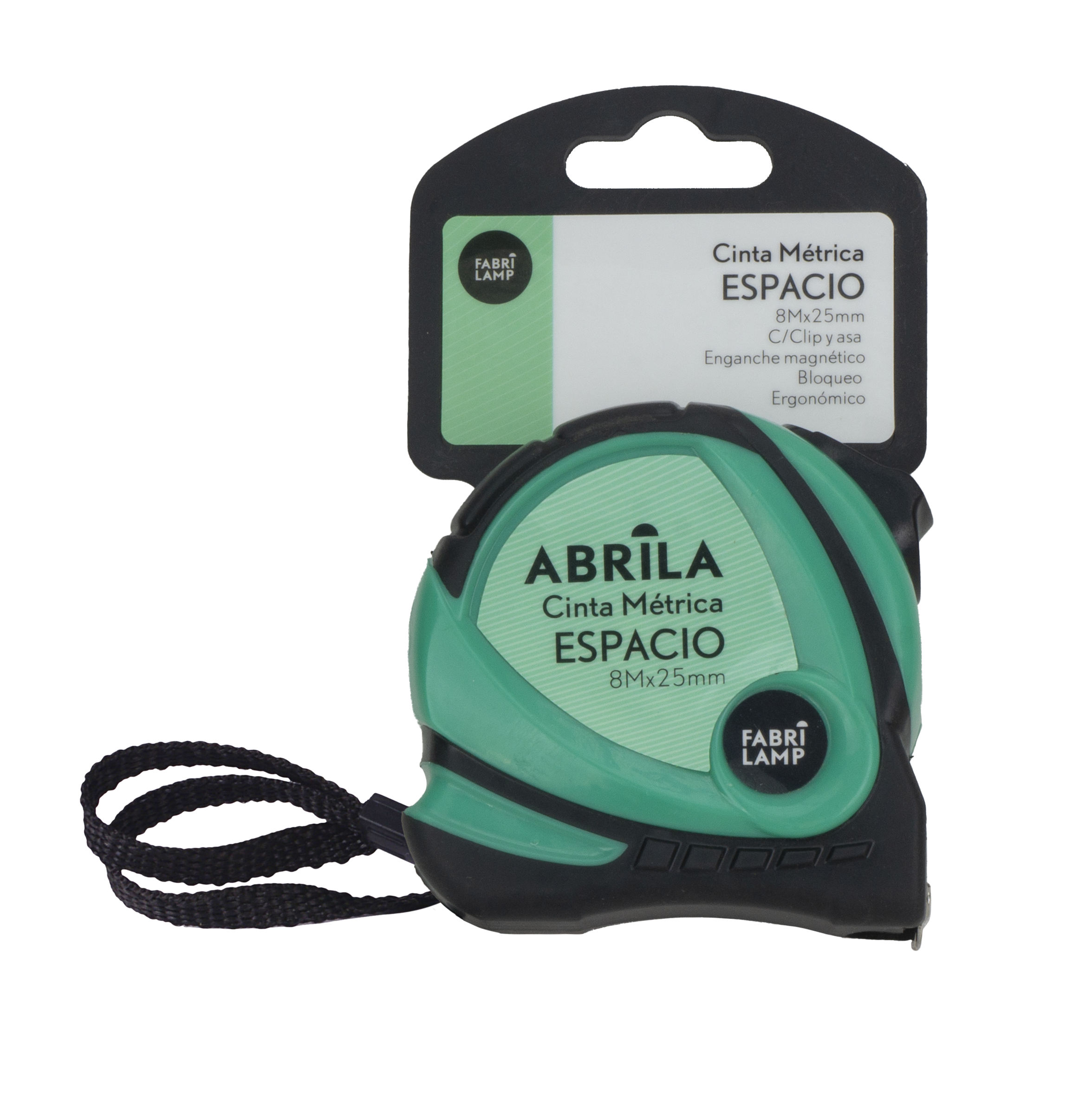 Cinta métrica Espacio 8mx25mm Negro/Verde de Fabrilamp, vista frontal