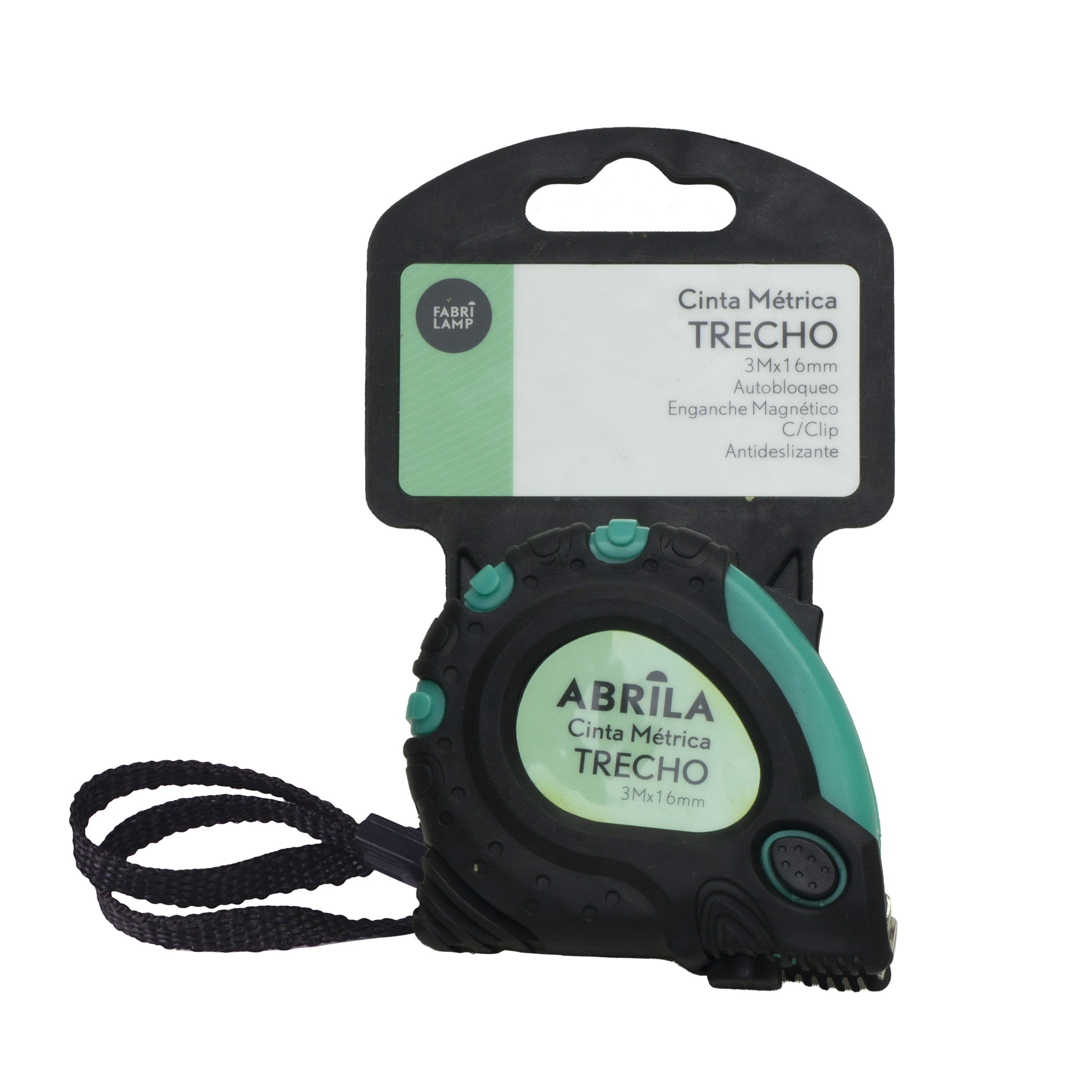 Cinta métrica Trecho 3mx16mm negra y verde, autobloqueante, con imán y clip. Fabrilamp.