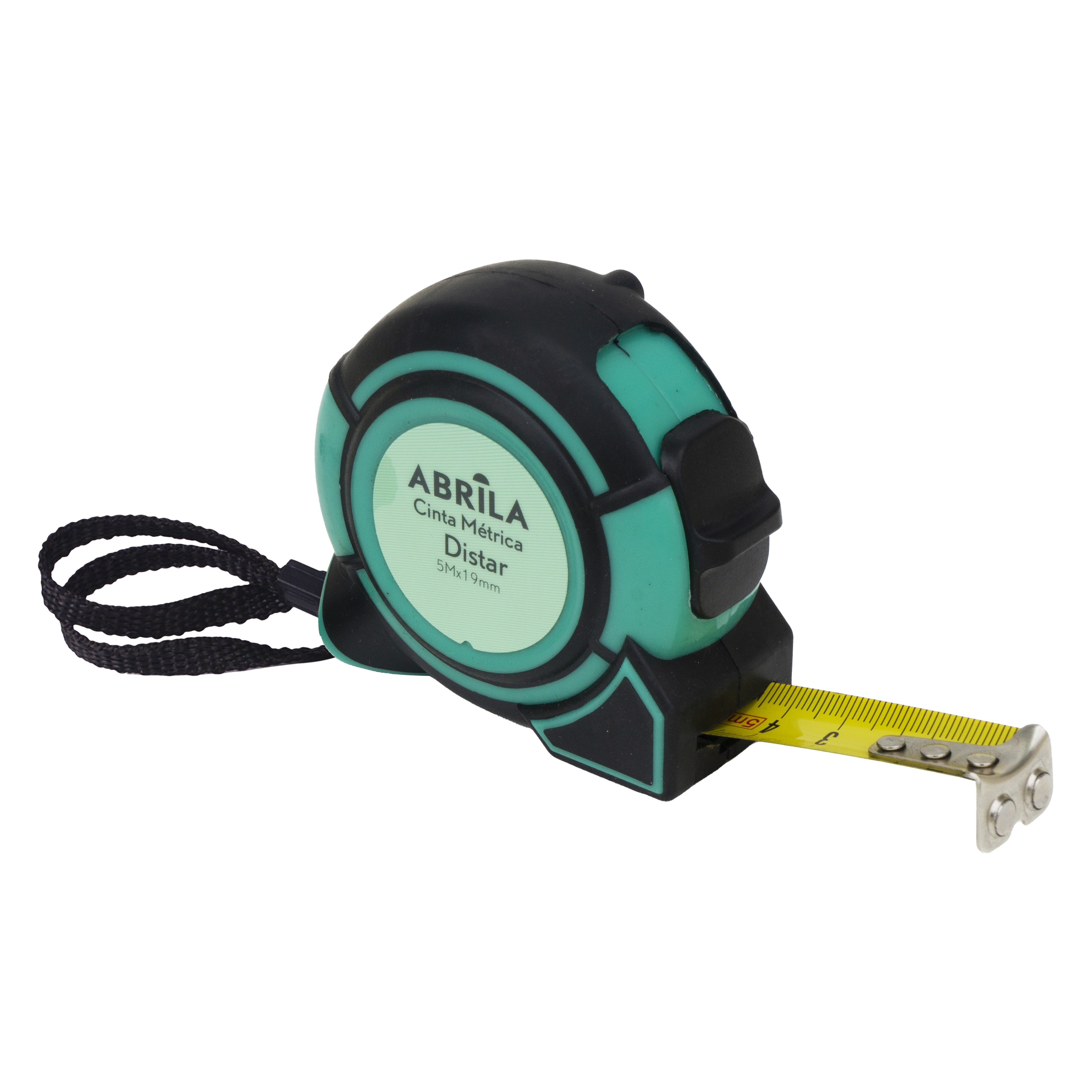 Cinta métrica Distar 5mx19mm negra y verde con bloqueo, imán y clip, vista frontal.