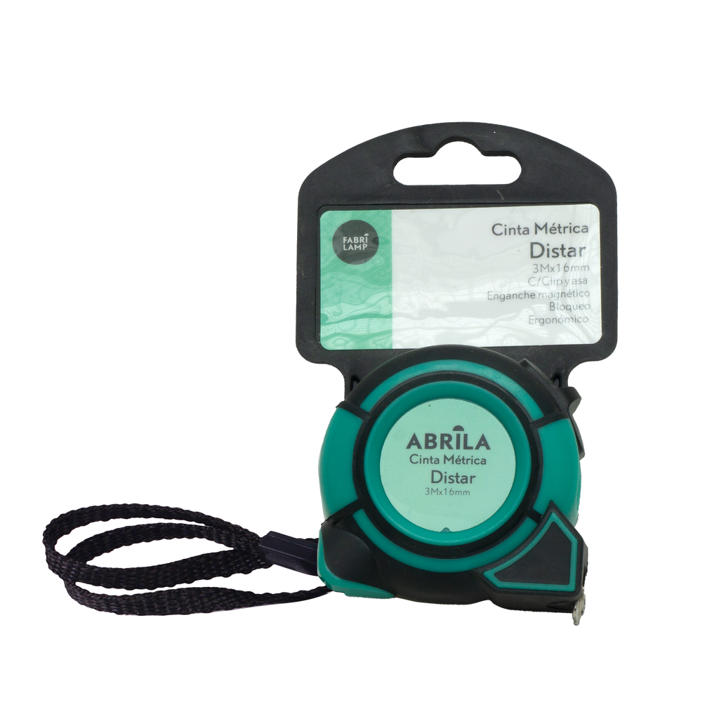 Cinta métrica Distar 3mx16mm negra y verde, vista frontal con detalles de bloqueo y clip.