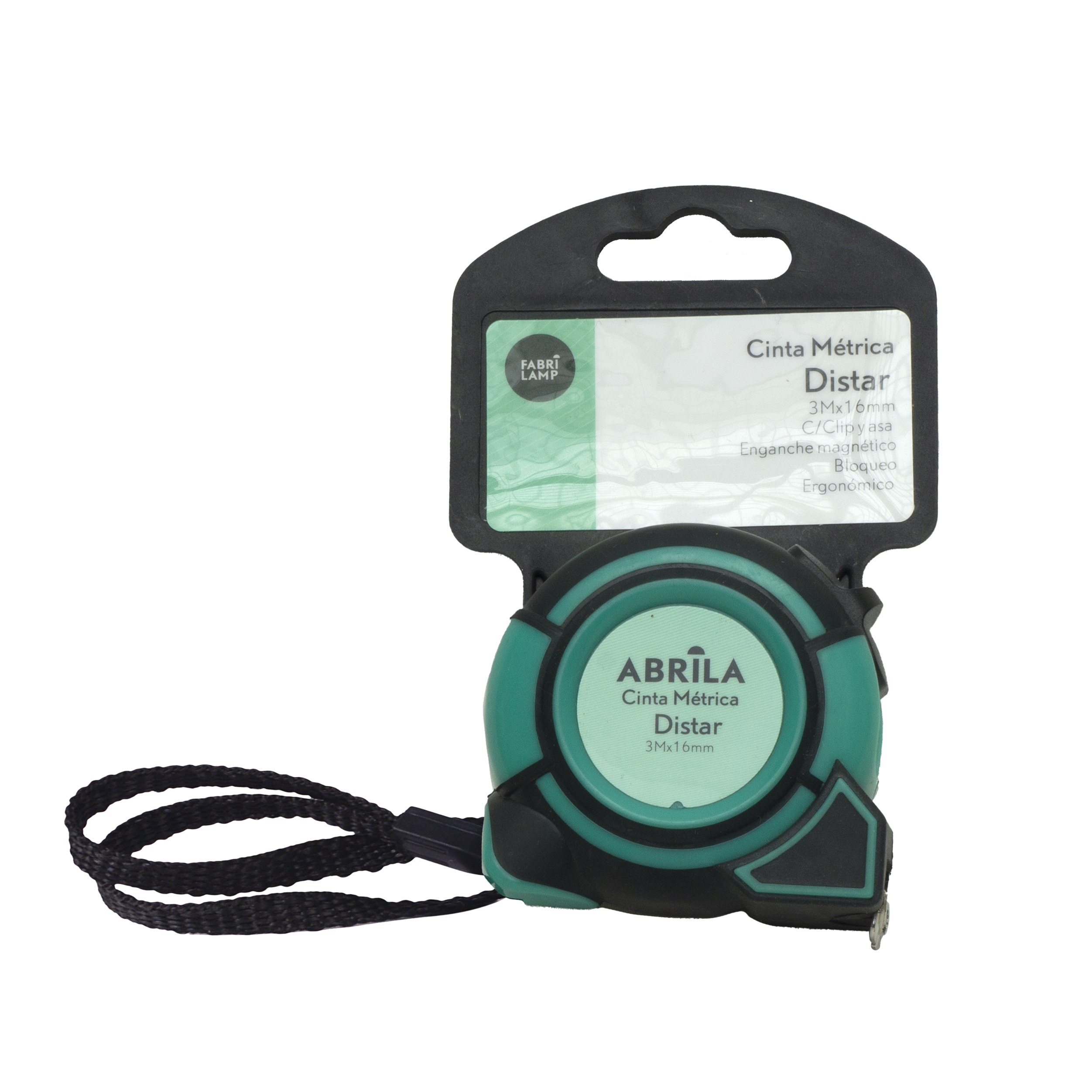 Cinta métrica Distar 3mx16mm negra y verde, vista frontal con detalles de bloqueo y clip.