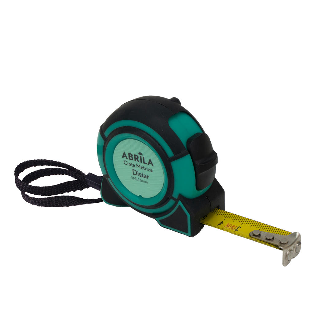 Cinta métrica Distar 3mx16mm negra y verde, vista frontal con detalles de bloqueo y clip.
