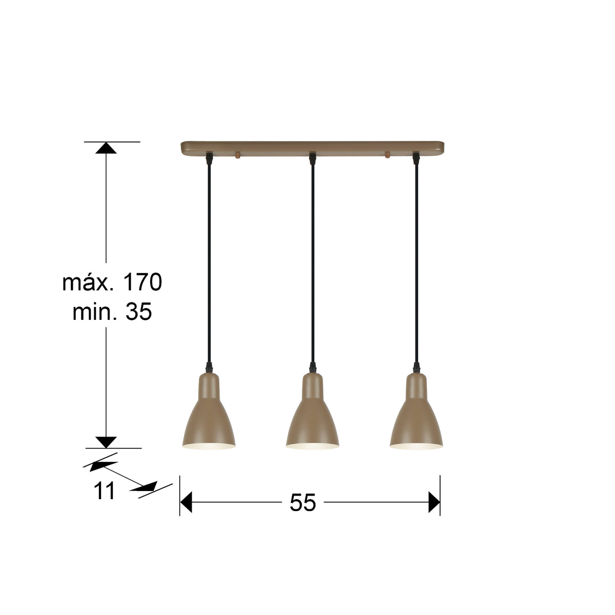 Plano con medidas de Lámpara Colgante Afra 3 Luces Marrón Satinado Schuller