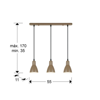 Plano con medidas de Lámpara Colgante Afra 3 Luces Marrón Satinado Schuller