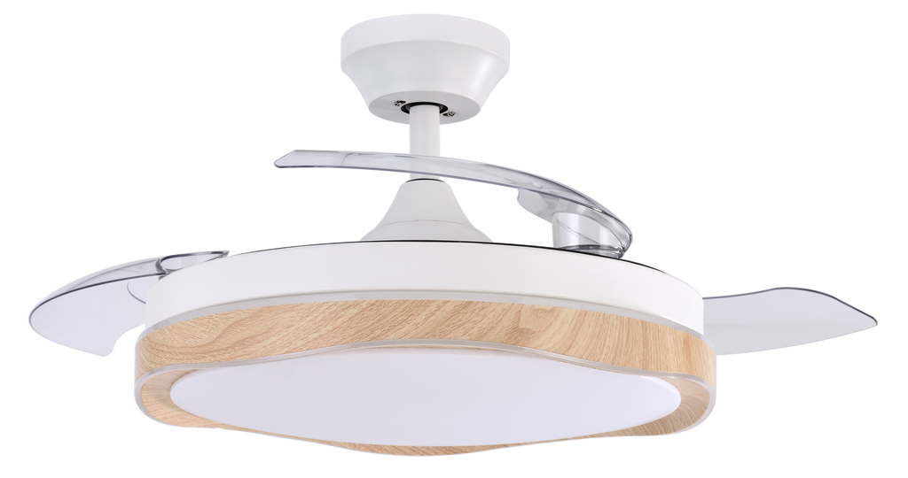 Ventilador de techo BlonDi Blanco/Haya con aspas retractiles, luz LED integrada y mando a distancia. luzguru.com