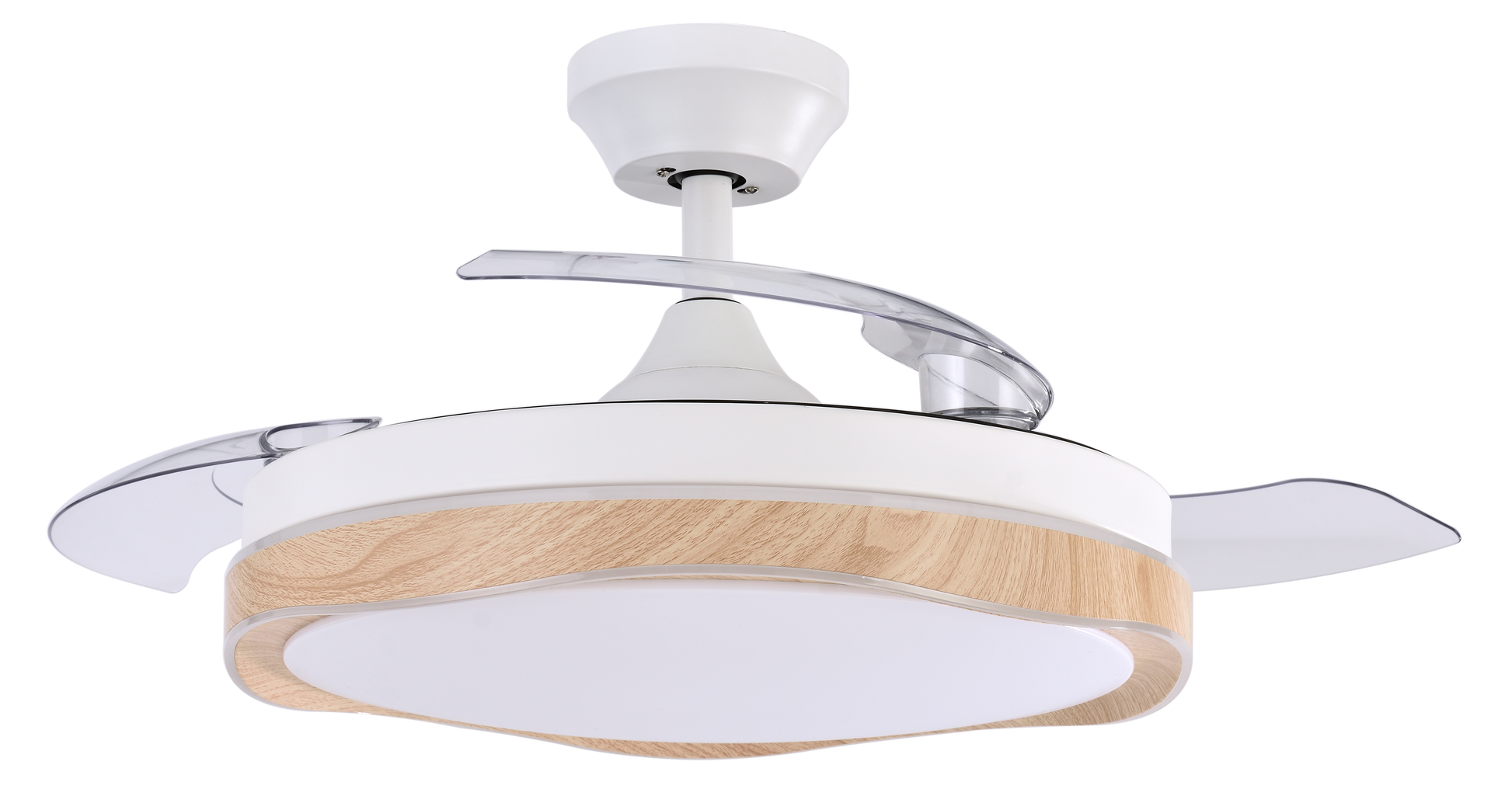 Ventilador de techo BlonDi Blanco/Haya con aspas retractiles, luz LED integrada y mando a distancia. luzguru.com