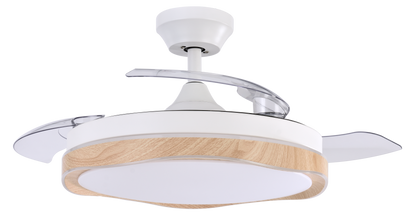 Ventilador de techo BlonDi Blanco/Haya con aspas retractiles, luz LED integrada y mando a distancia. luzguru.com