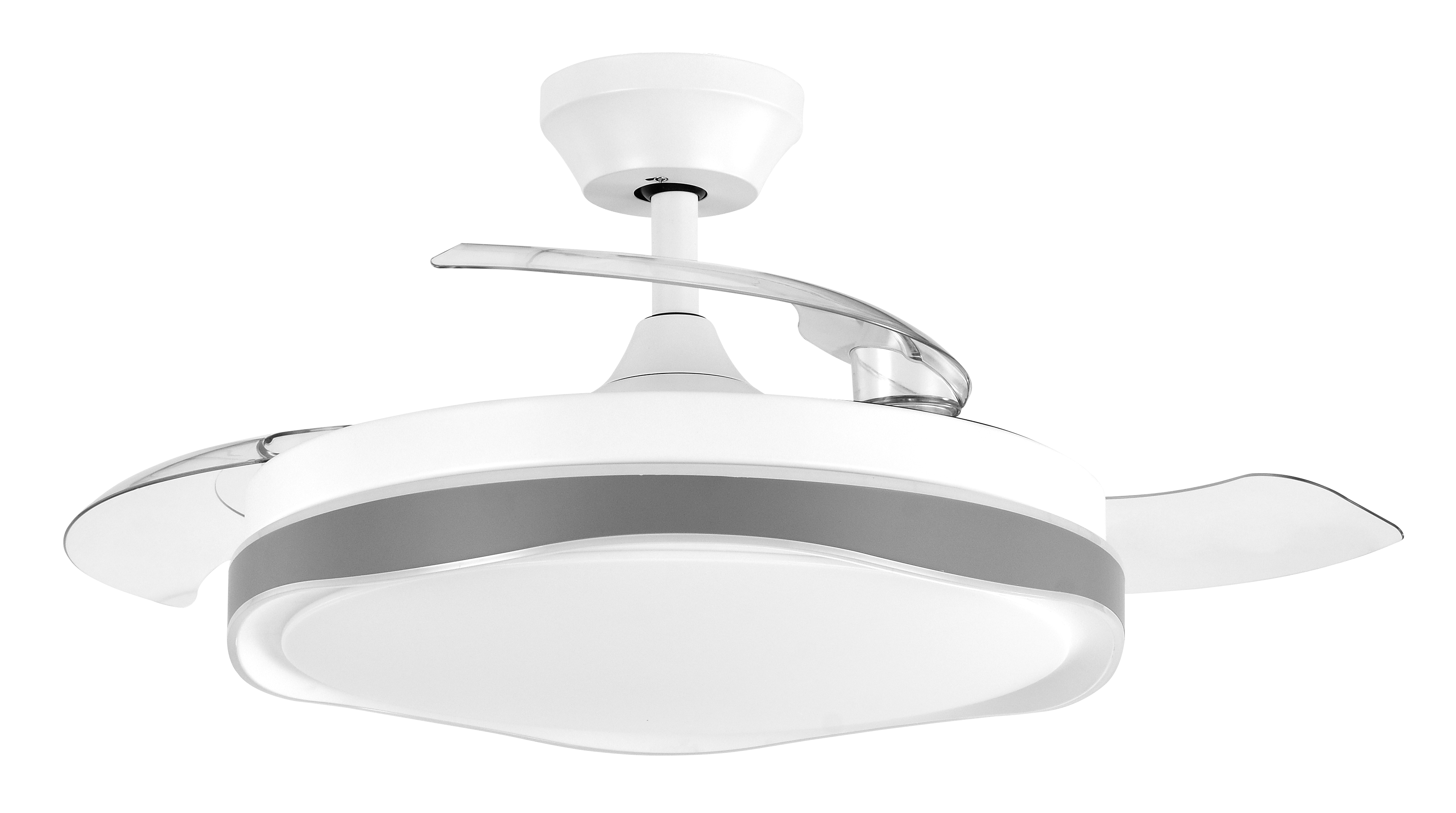 Ventilador de techo Blondie blanco/gris con aspas retráctiles, iluminación LED y mando a distancia.