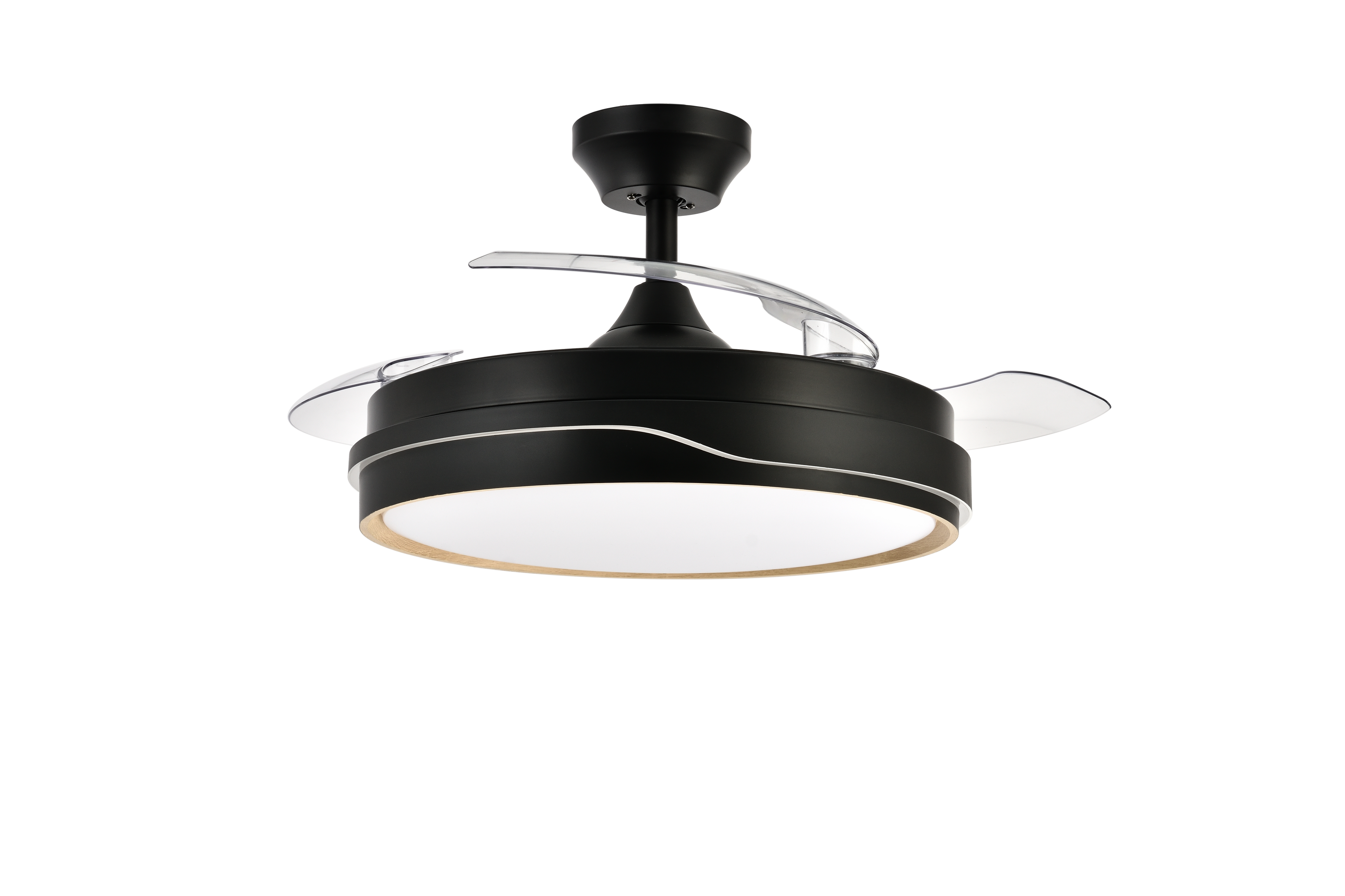 Ventilador de techo Tempano Negro/Madera con aspas retráctiles, 72W, 7200 lúmenes. Fabrilamp en luzguru.com