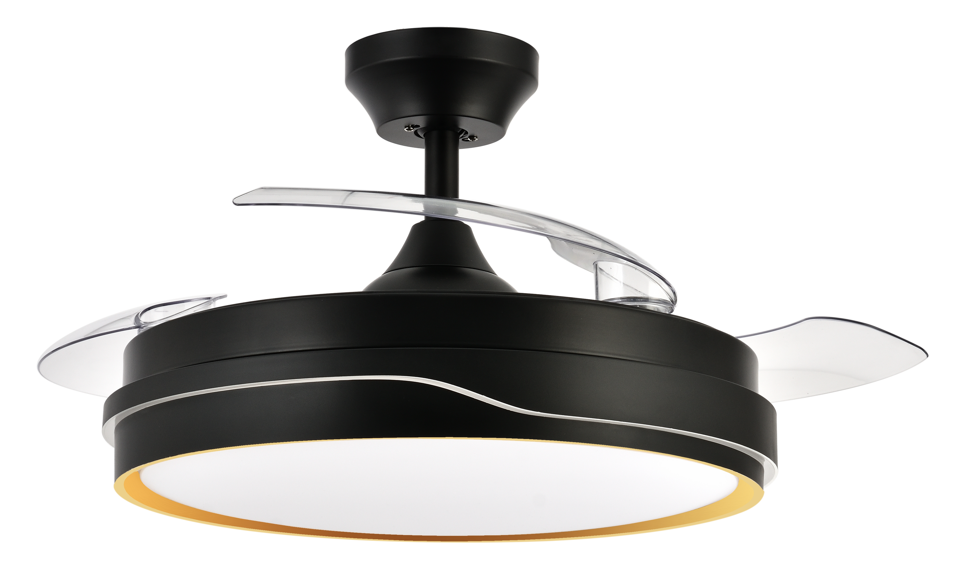 Ventilador de techo Tempano Negro/Oro con aspas retráctiles, iluminación LED y mando a distancia.