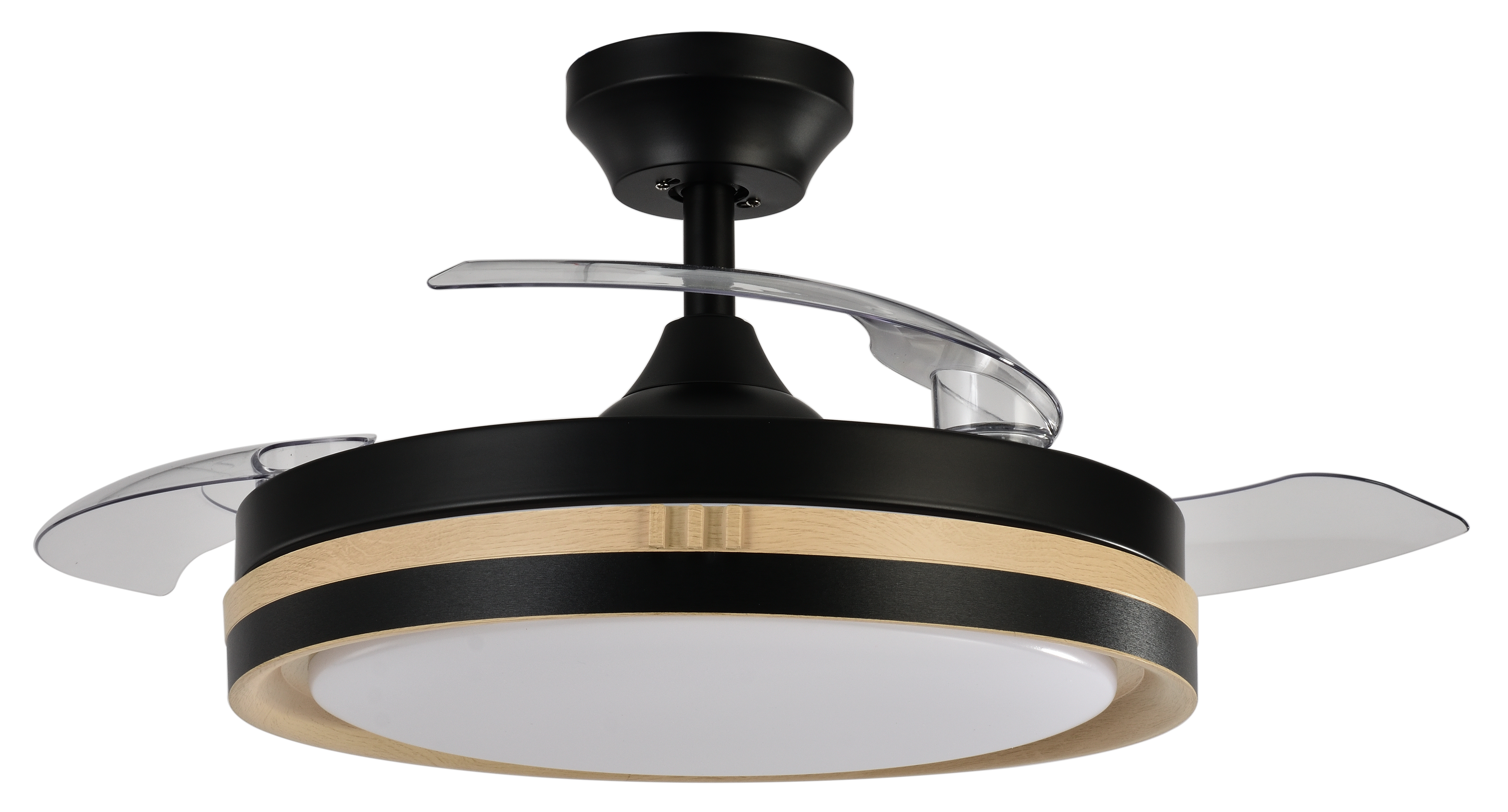 Ventilador de techo Viper Negro/Madera Fabrilamp, vista frontal con aspas desplegadas.