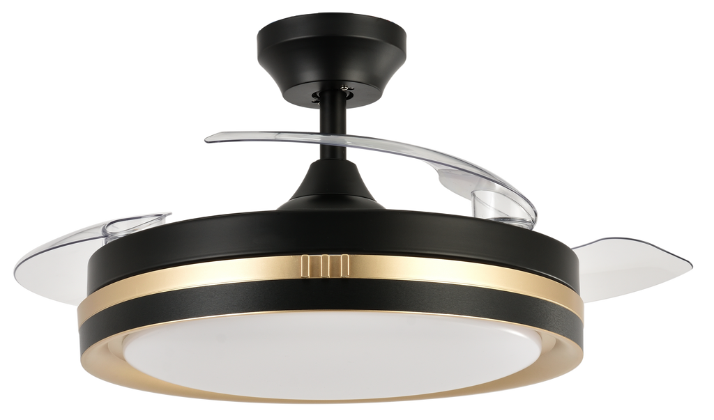 Ventilador de techo Fabrilamp Viper Negro/Oro con aspas retráctiles, iluminación LED y mando a distancia.