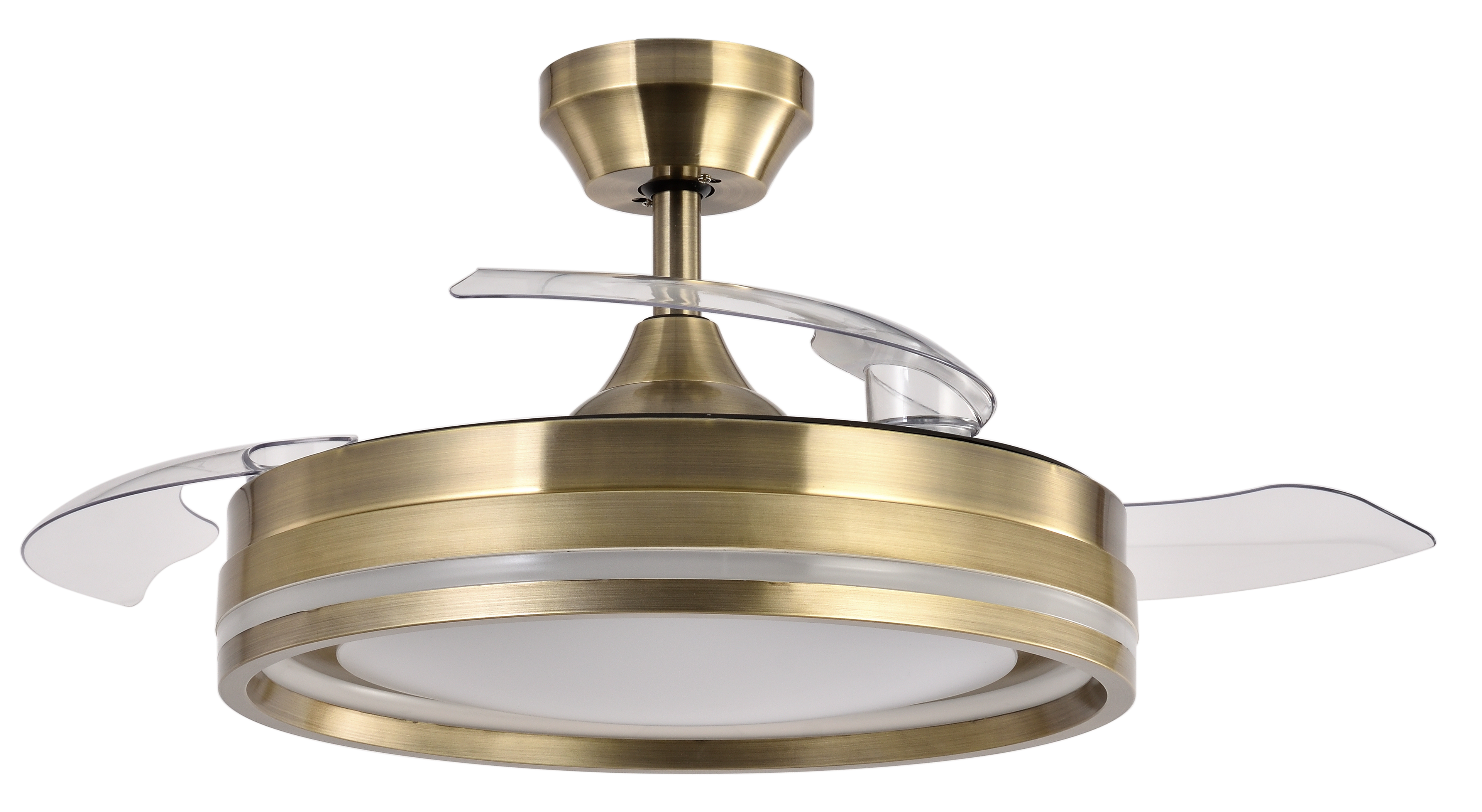 Ventilador de techo Cerrato Cuero de Fabrilamp con aspas desplegables, mostrando su diseño elegante y moderno.