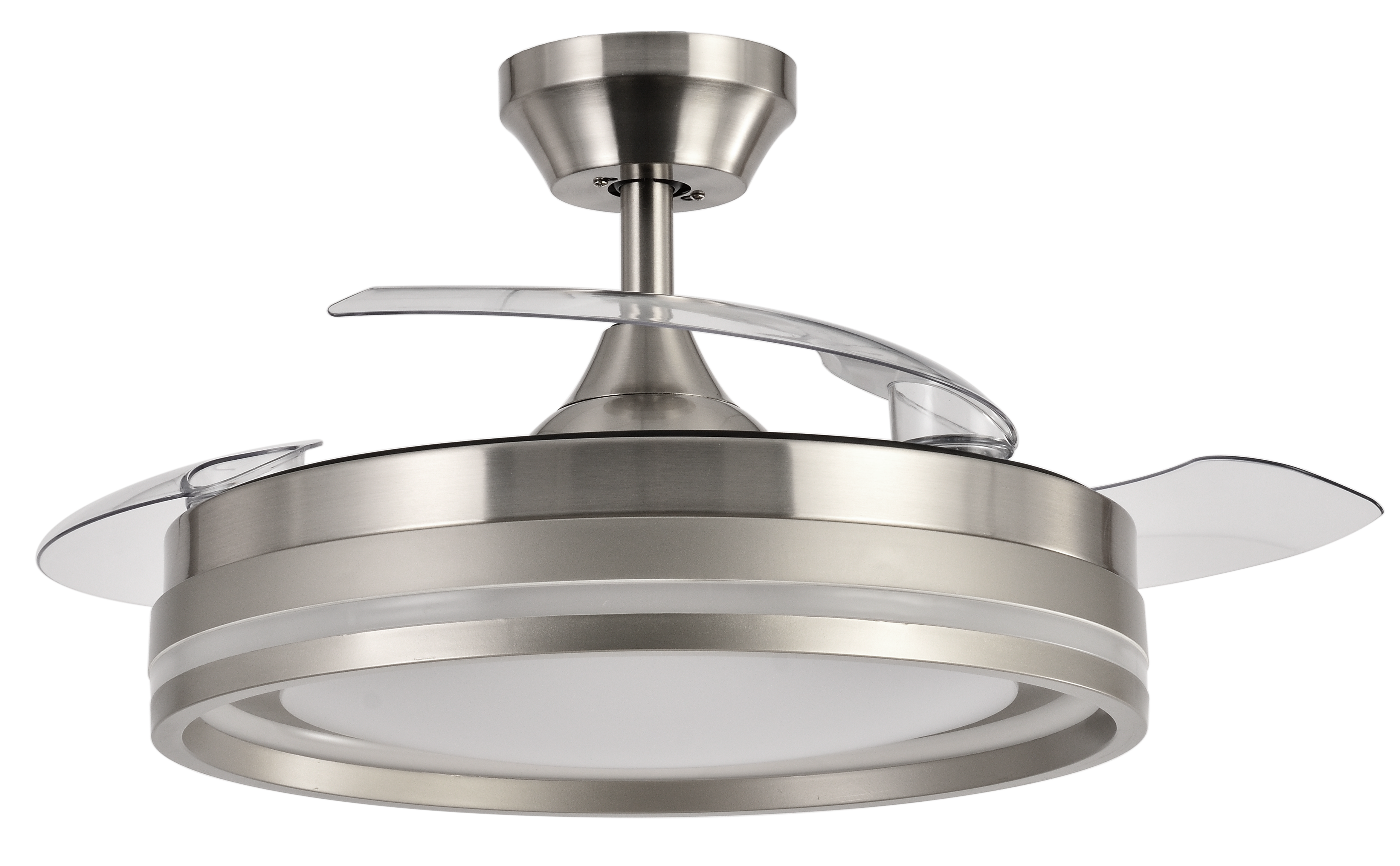 Ventilador de techo CERRATO Níquel de Fabrilamp con aspas retráctiles, vista frontal.