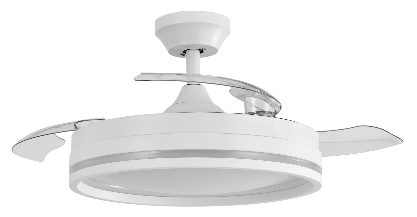 Ventilador de techo Cerrato blanco con aspas desplegables, vista frontal