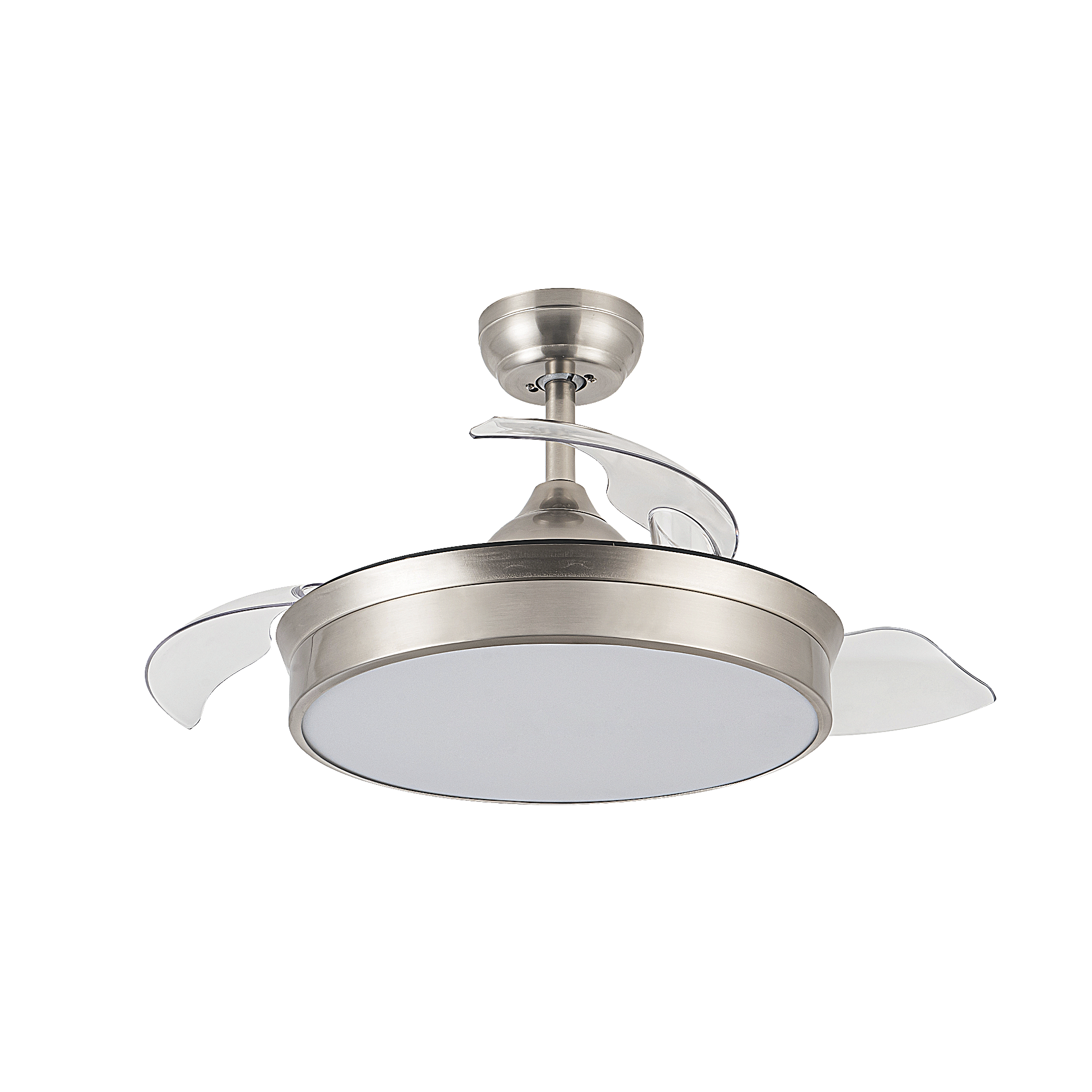 Ventilador de techo Cala Níquel de Fabrilamp con aspas retráctiles, mostrando su diseño elegante y moderno.