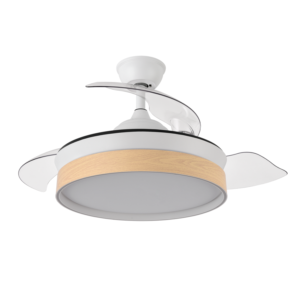 Ventilador de techo Iglu blanco/haya con aspas retráctiles, mando a distancia y temporizador. Fabrilamp.