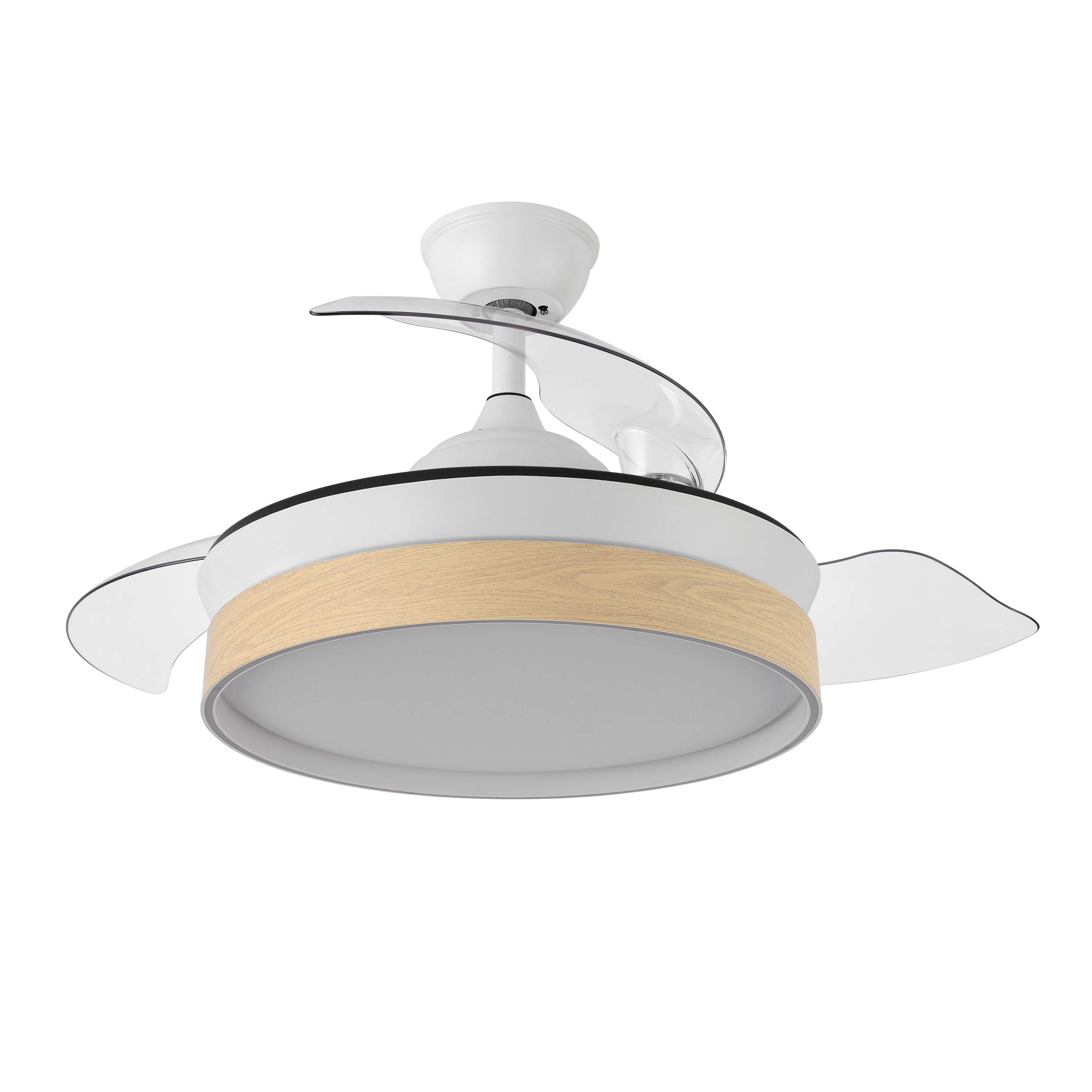 Ventilador de techo Iglu blanco/haya con aspas retráctiles, mando a distancia y temporizador. Fabrilamp.