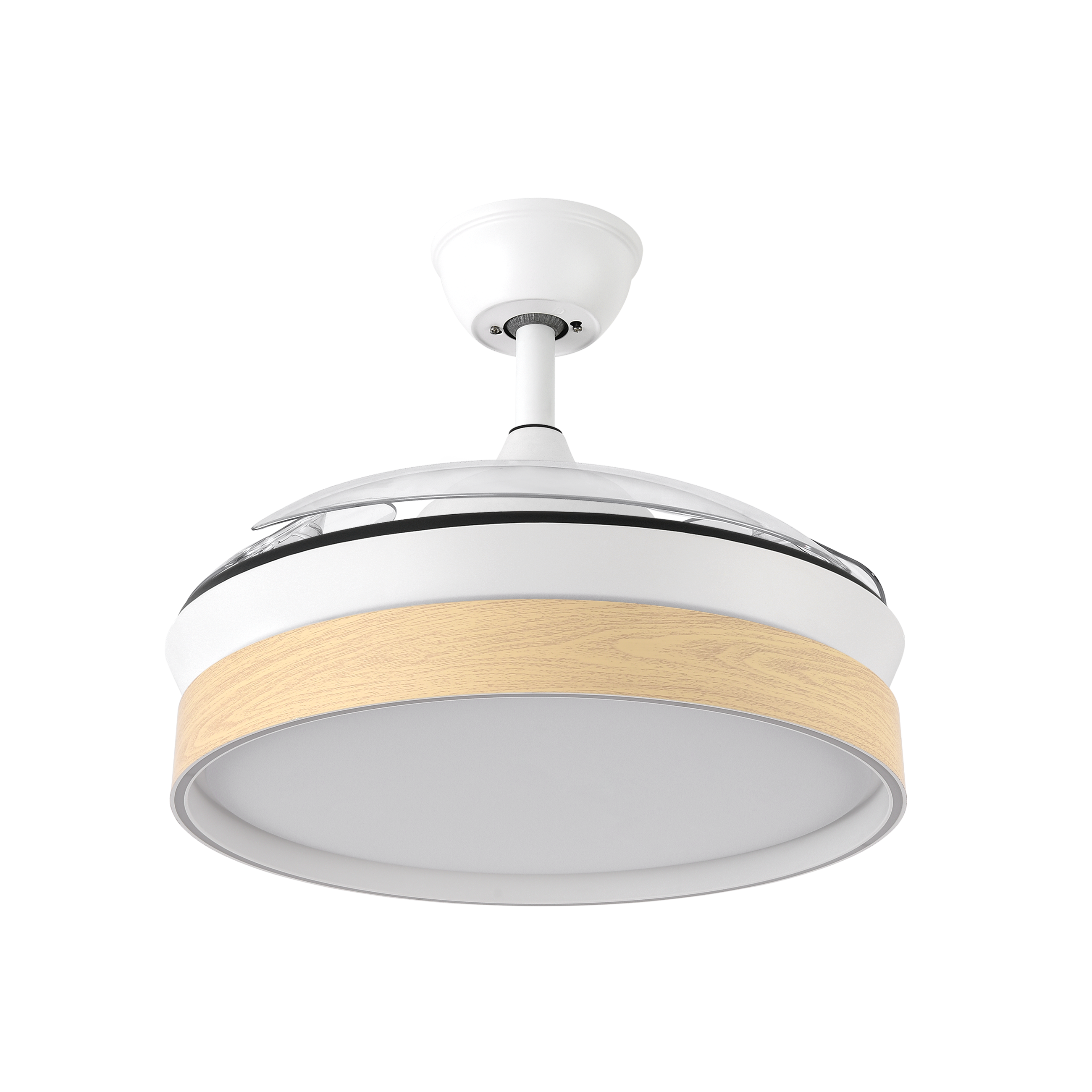 Ventilador de techo Iglu blanco/haya con aspas retráctiles, mando a distancia y temporizador. Fabrilamp.