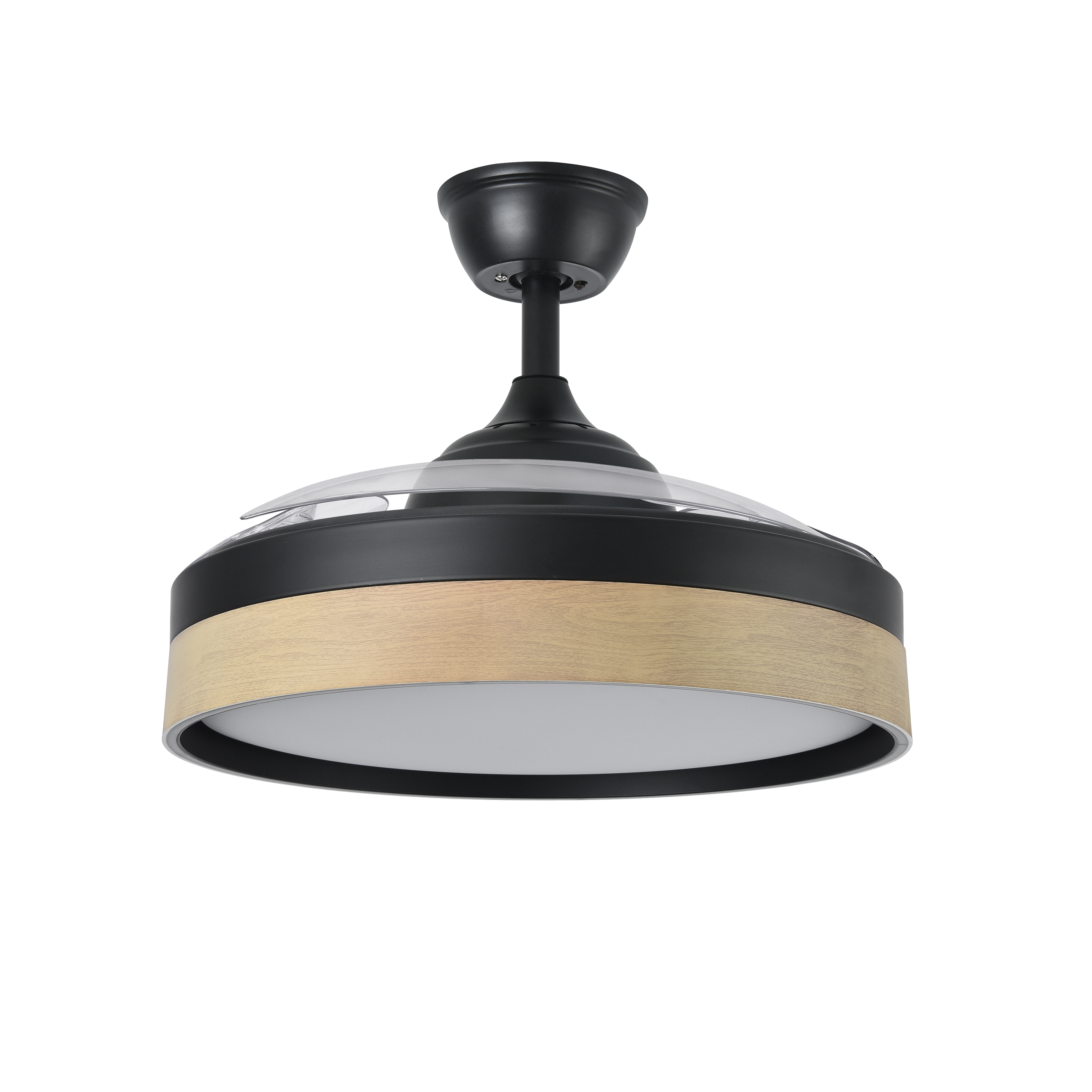 Ventilador de techo Iglu 59W de Fabrilamp, color negro/haya, aspas retráctiles, vista frontal.