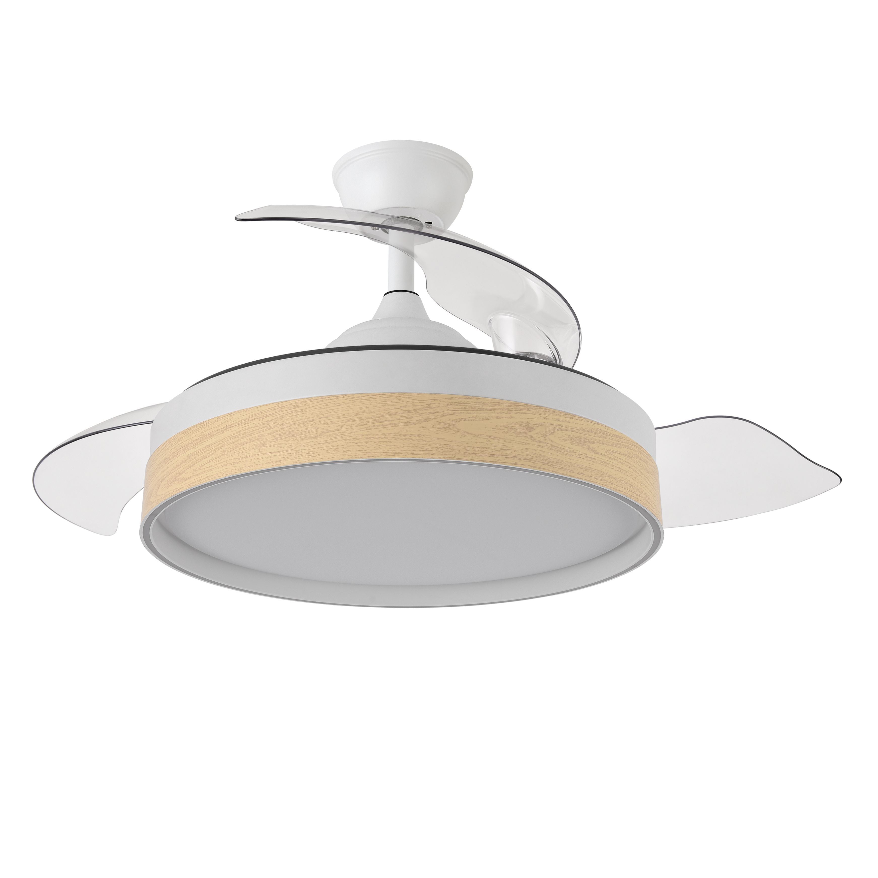 Ventilador de techo Iglu DC 59W Fabrilamp, blanco haya, aspas retractiles, vista frontal.