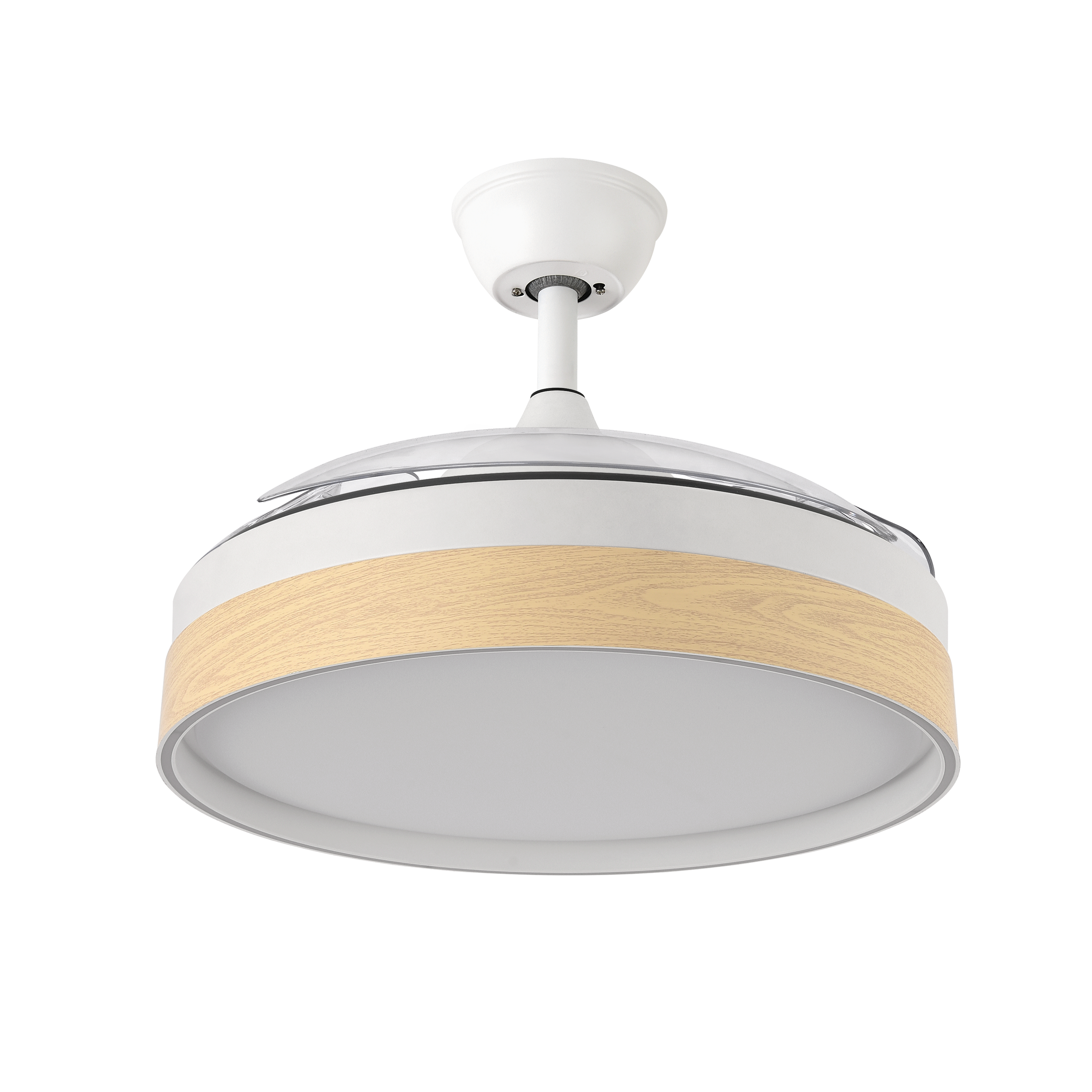 Ventilador de techo Iglu DC 59W Fabrilamp, blanco haya, aspas retractiles, vista frontal.