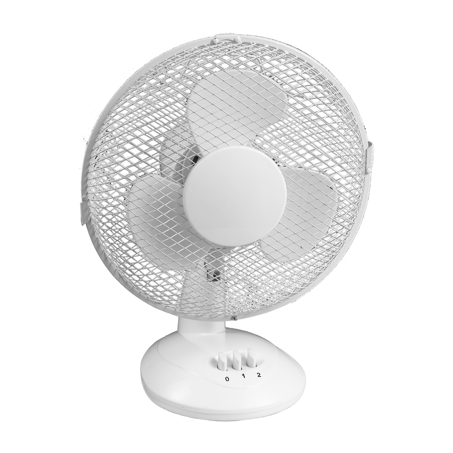 Ventilador de sobremesa Cape pequeño blanco de Fabrilamp, con tres aspas y dos velocidades.