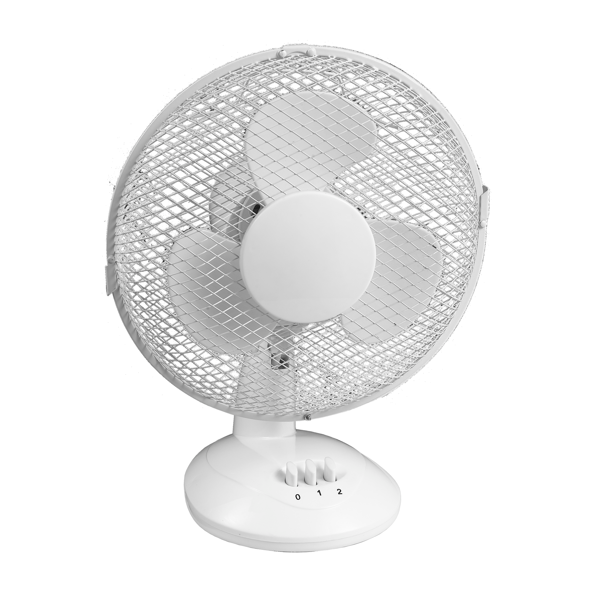 Ventilador de sobremesa Cape pequeño blanco de Fabrilamp, con tres aspas y dos velocidades.