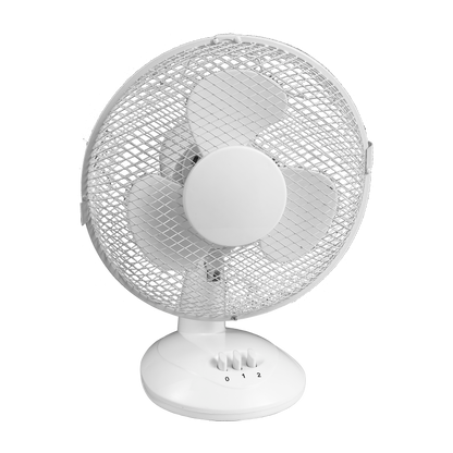 Ventilador de sobremesa Cape pequeño blanco de Fabrilamp, con tres aspas y dos velocidades.