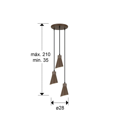 Plano con medidas de Lámpara Colgante Bera 3 Luces Metal Marrón Oscuro Schuller