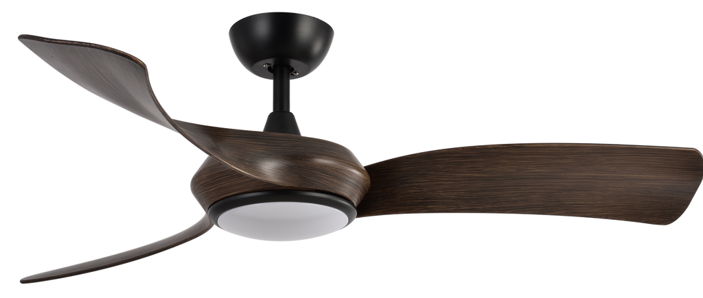 Ventilador de techo Cerdeña 30W negro/roble con 3 aspas, iluminación LED regulable y mando a distancia.