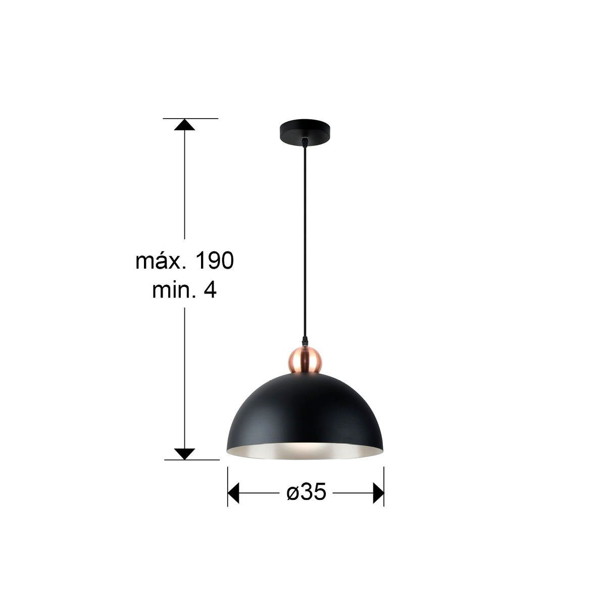 Plano con medidas de Lámpara Colgante Polo 1 Luz E27 Negro Mate y Cobre Schuller · Ref. 13402