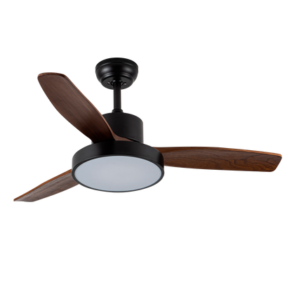 Ventilador de techo Kavala negro y roble con 3 aspas, mando a distancia y luz LED regulable.