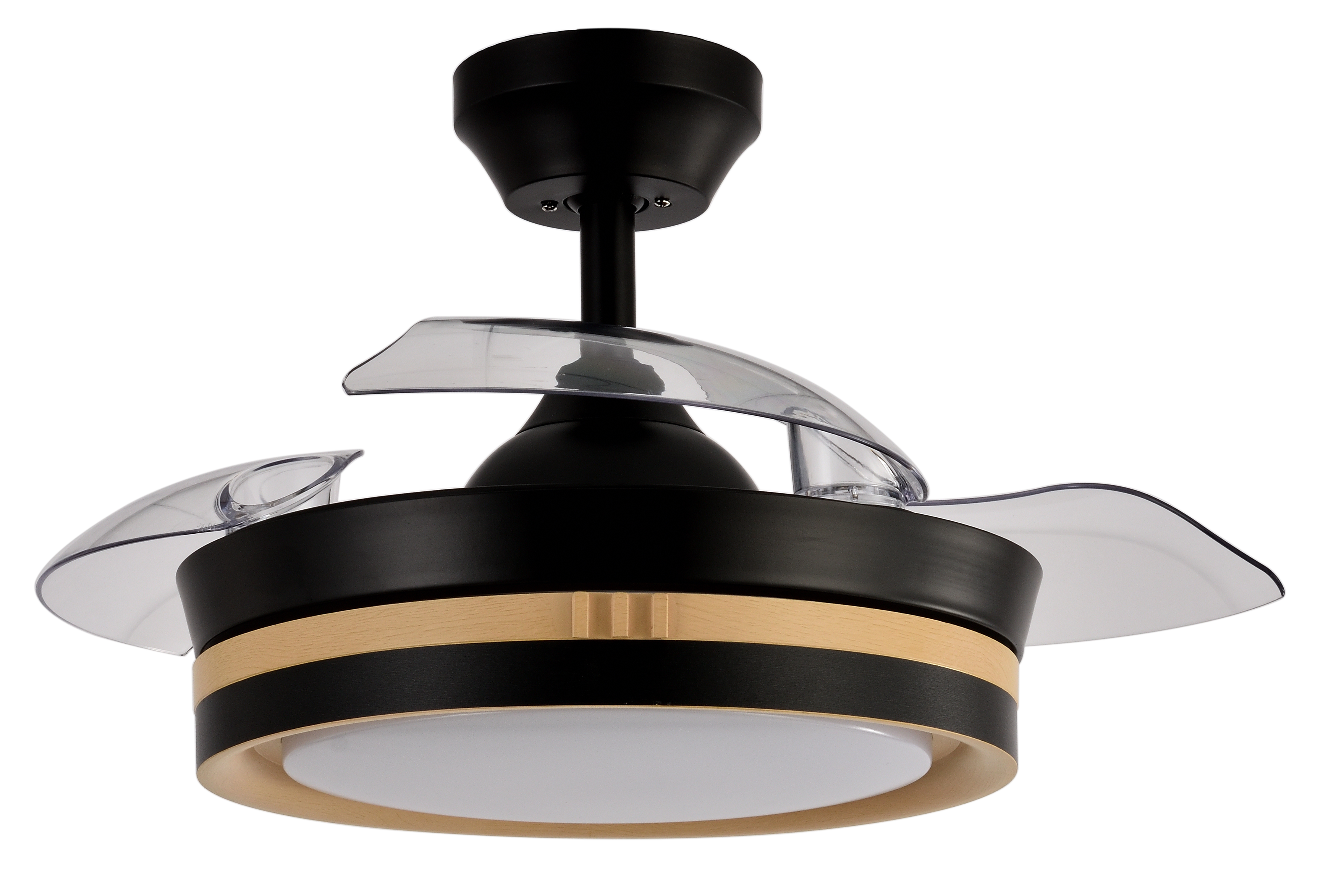 Ventilador de techo Viper Negro/Madera de Fabrilamp, vista frontal con aspas desplegadas.