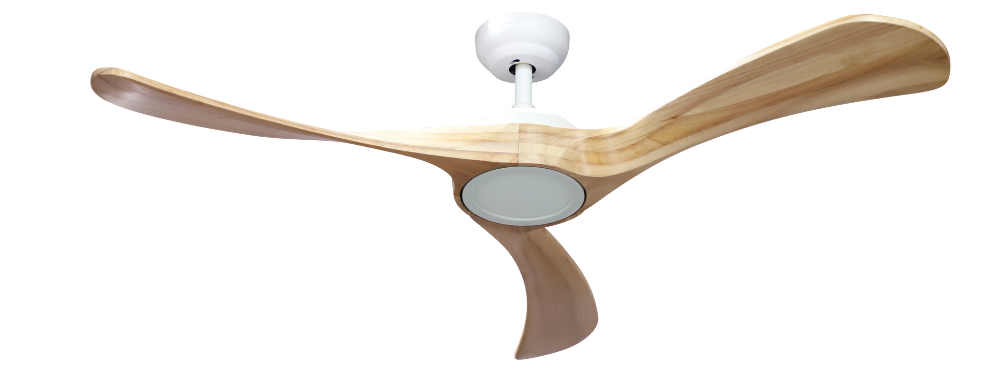 Ventilador de techo Castelo 132cm Fabrilamp, blanco/haya, con aspas de madera y luz LED regulable.