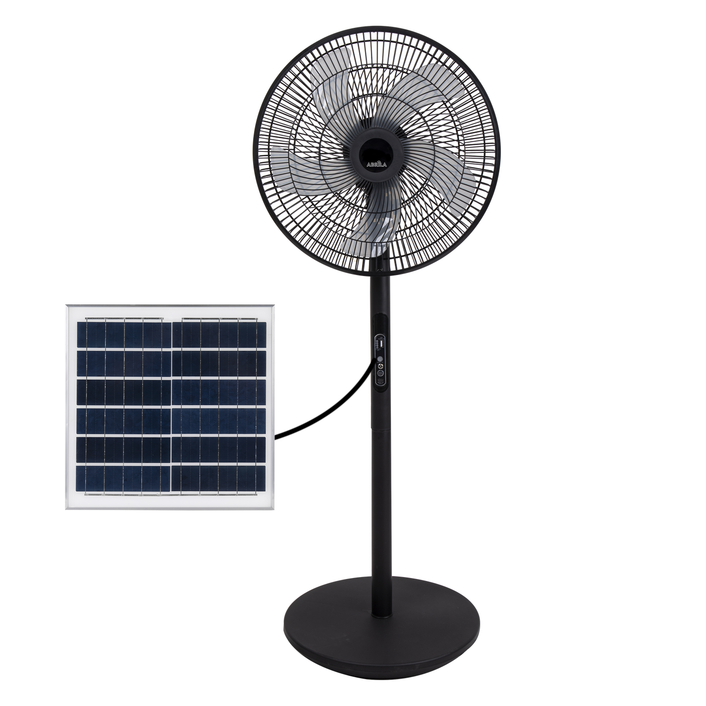 Ventilador de pie solar Rialto Negro 30W de Fabrilamp/Abrila con 5 aspas, 3 velocidades y puerto USB. Perfecto para el verano.