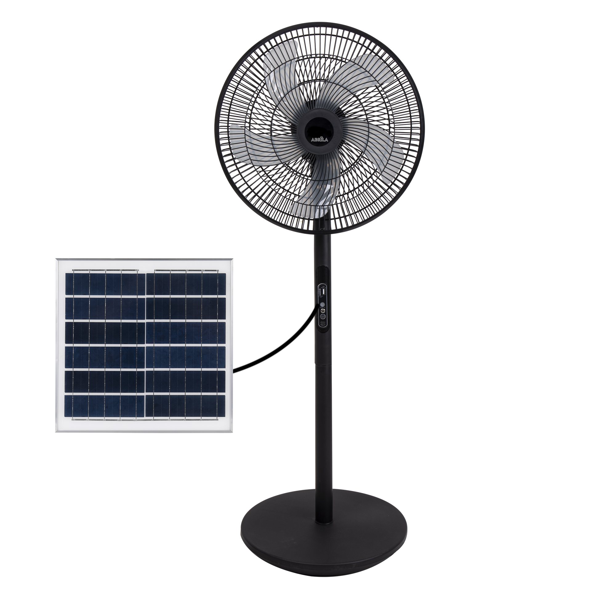 Ventilador de pie solar Rialto Negro 30W de Fabrilamp/Abrila con 5 aspas, 3 velocidades y puerto USB. Perfecto para el verano.