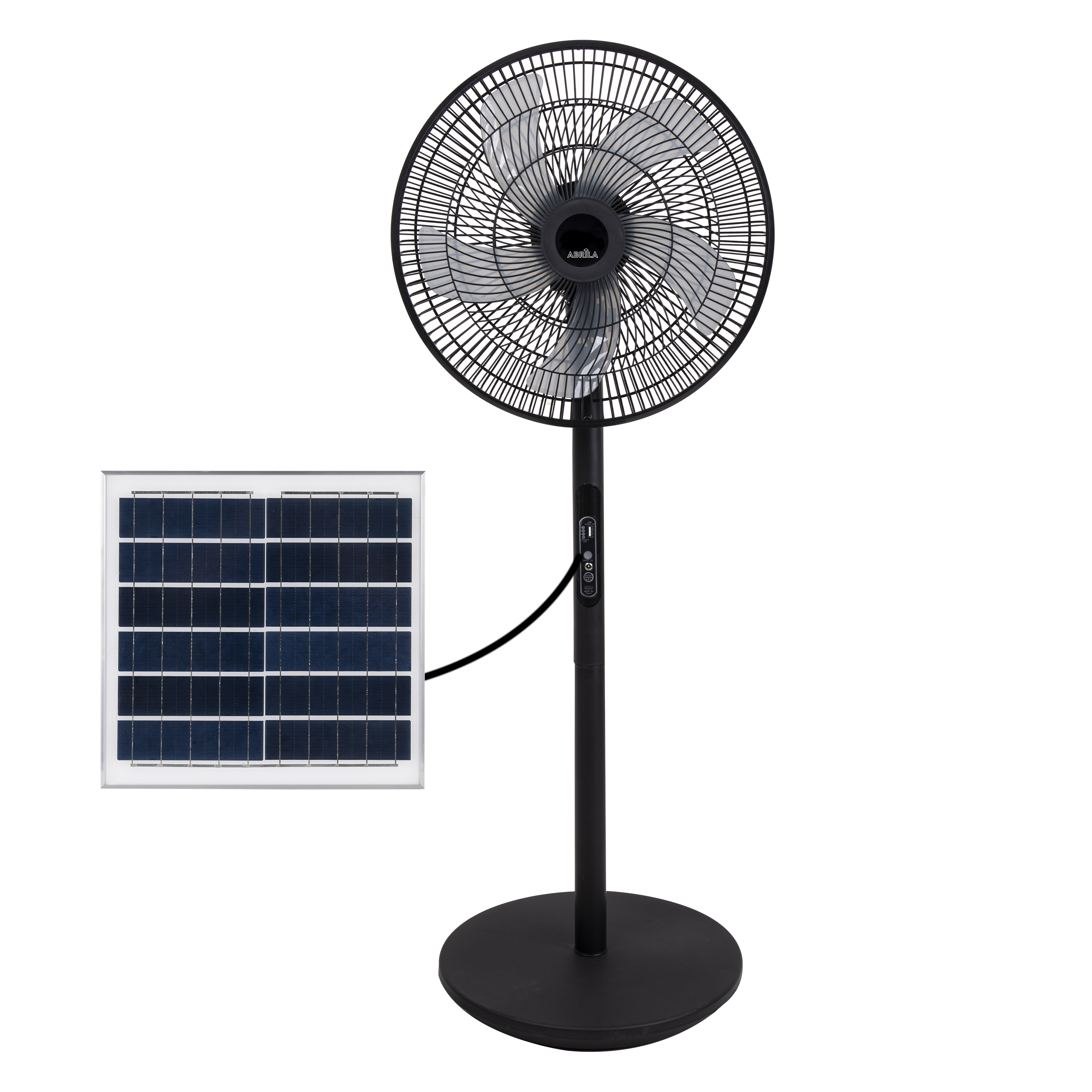 Ventilador de pie con panel solar y puerto USB para carga de dispositivos