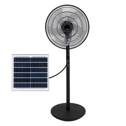 Ventilador de pie solar Rialto Negro 30W de Fabrilamp/Abrila con 5 aspas, 3 velocidades y puerto USB. Perfecto para el verano.