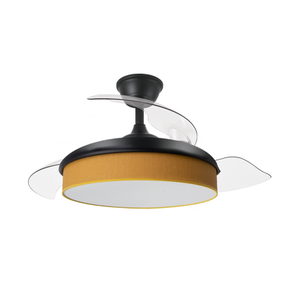 Elegante ventilador negro y amarillo ideal para salón moderno