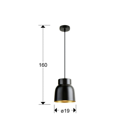 Plano con medidas de Lámpara Colgante Vulcano 1 Luz Negro Mate y Oro Schuller