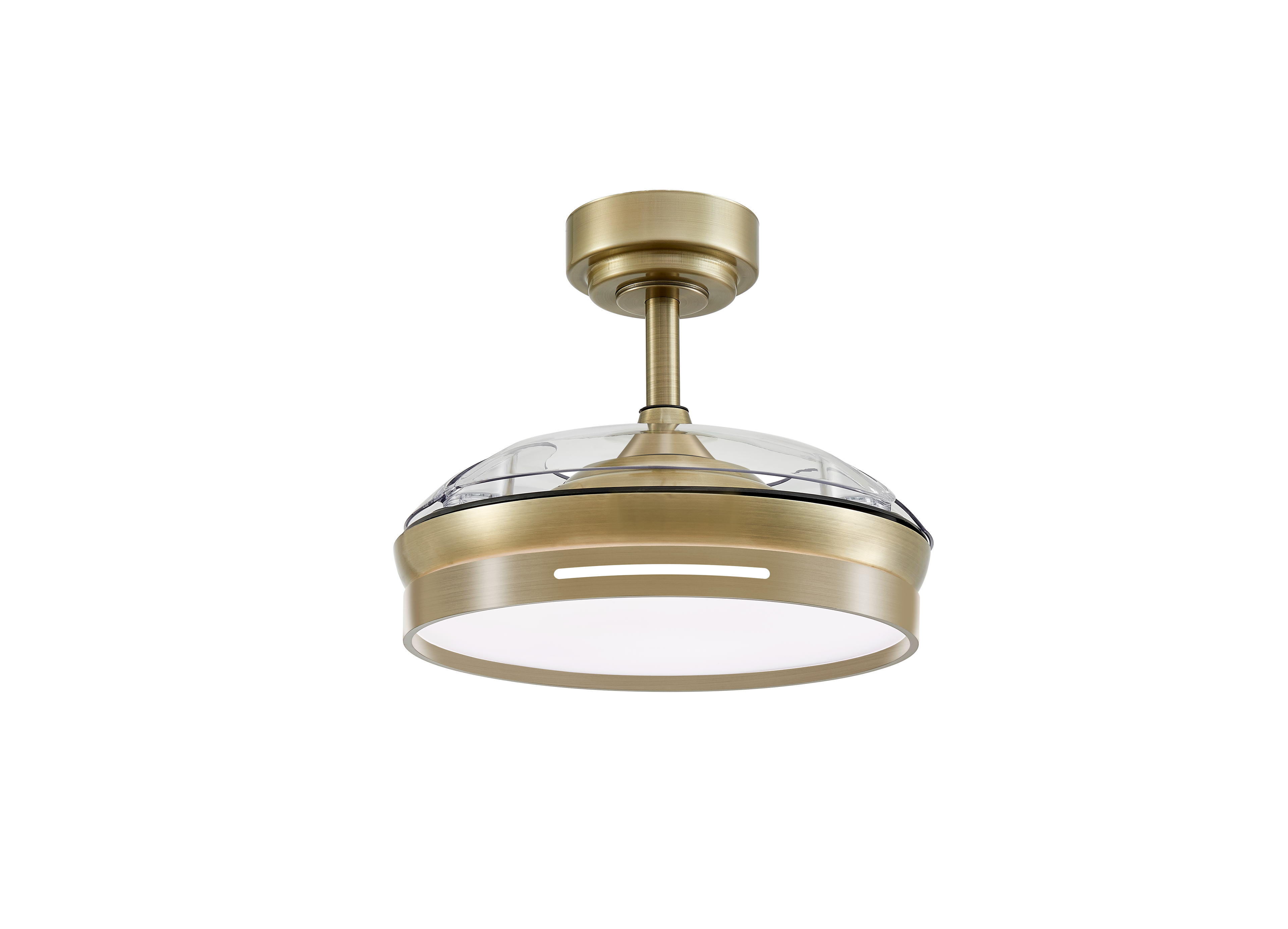 Ventilador de techo Micenas Cuero de Fabrilamp, vista frontal con aspas desplegadas.