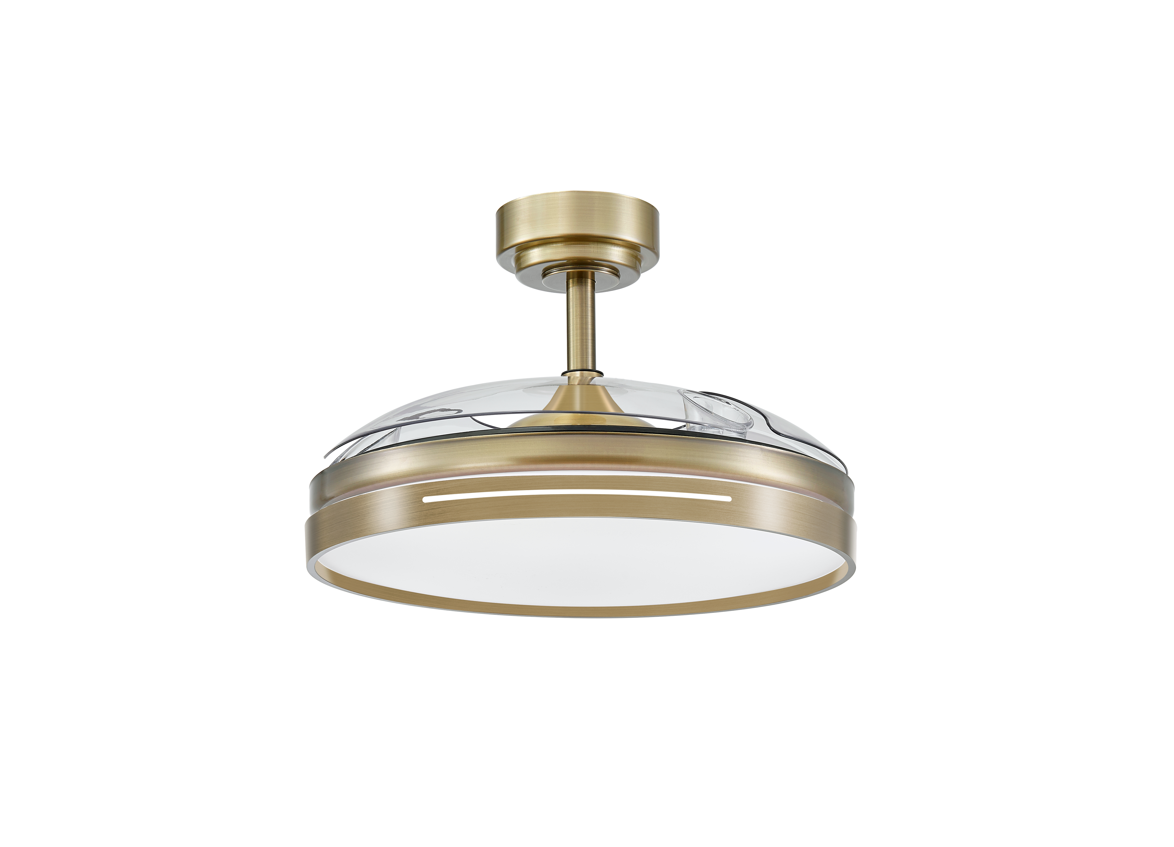 Ventilador de techo Micenas Cuero con aspas retráctiles, iluminación LED y mando a distancia.